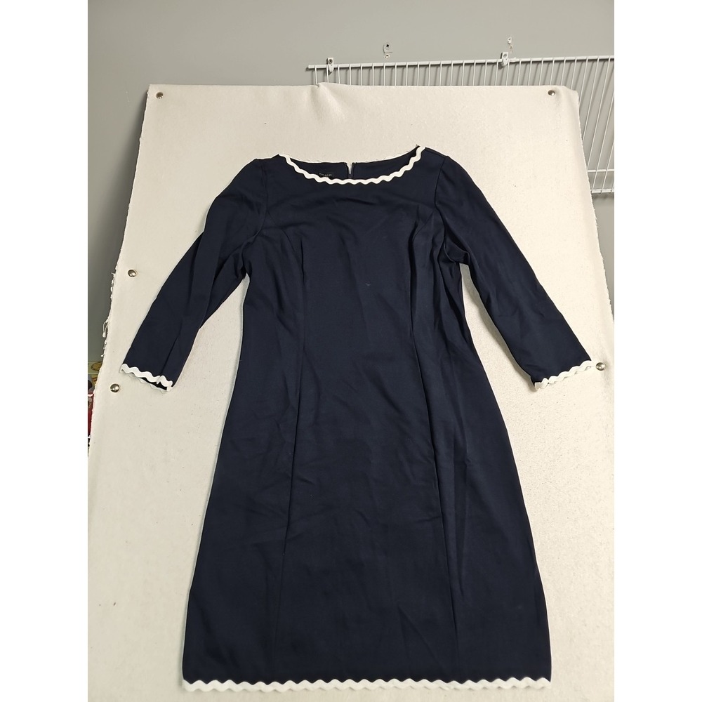 Talbots Navy Blue Scalloped Trim Ponte Sheath‎ Dress Womens 12 3/4 Sleeve
